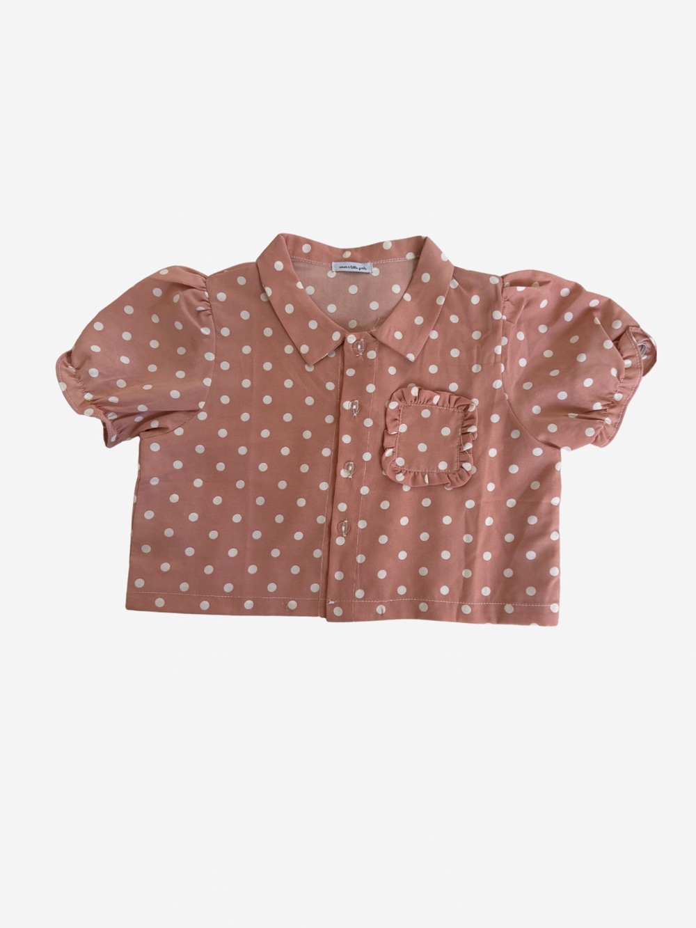 Girls' Pink Polka Dot Puff Sleeve Blouse with Ruffle Pocket